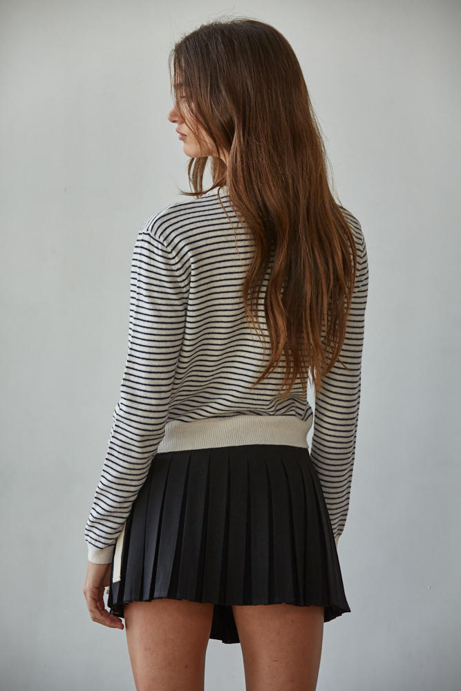 Ivory and Black Striped Crewneck Cardigan
