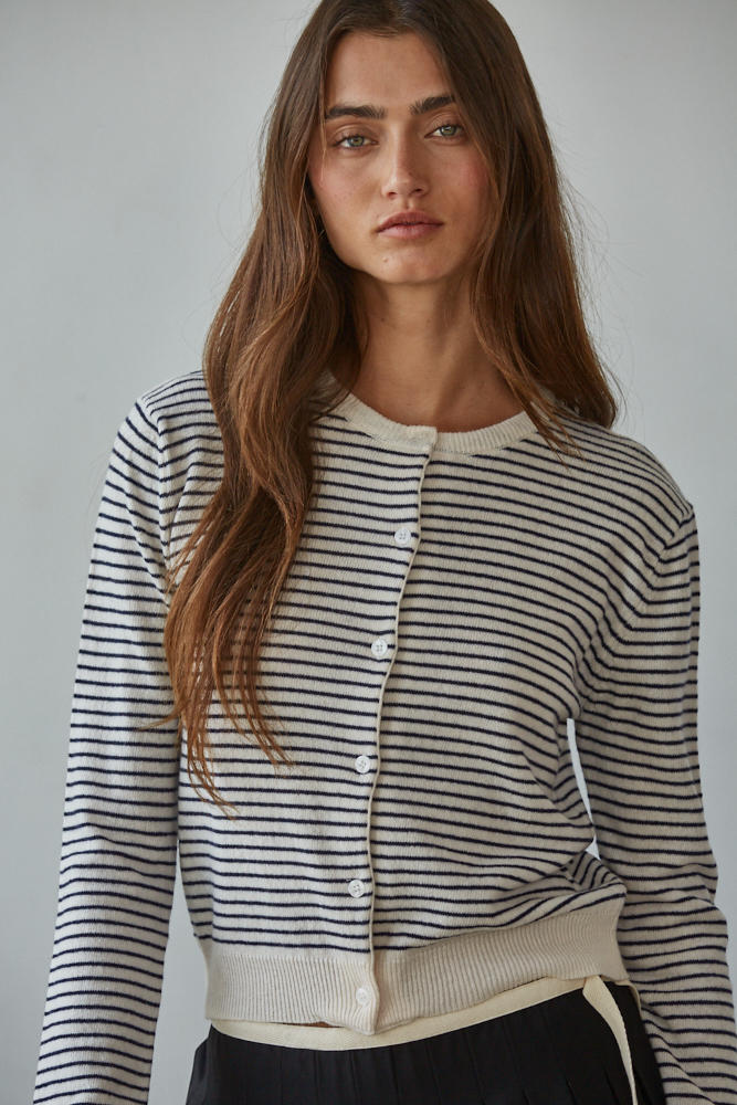 Ivory and Black Striped Crewneck Cardigan