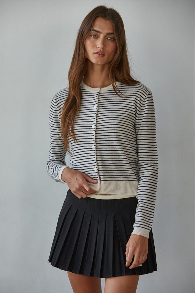 Ivory and Black Striped Crewneck Cardigan
