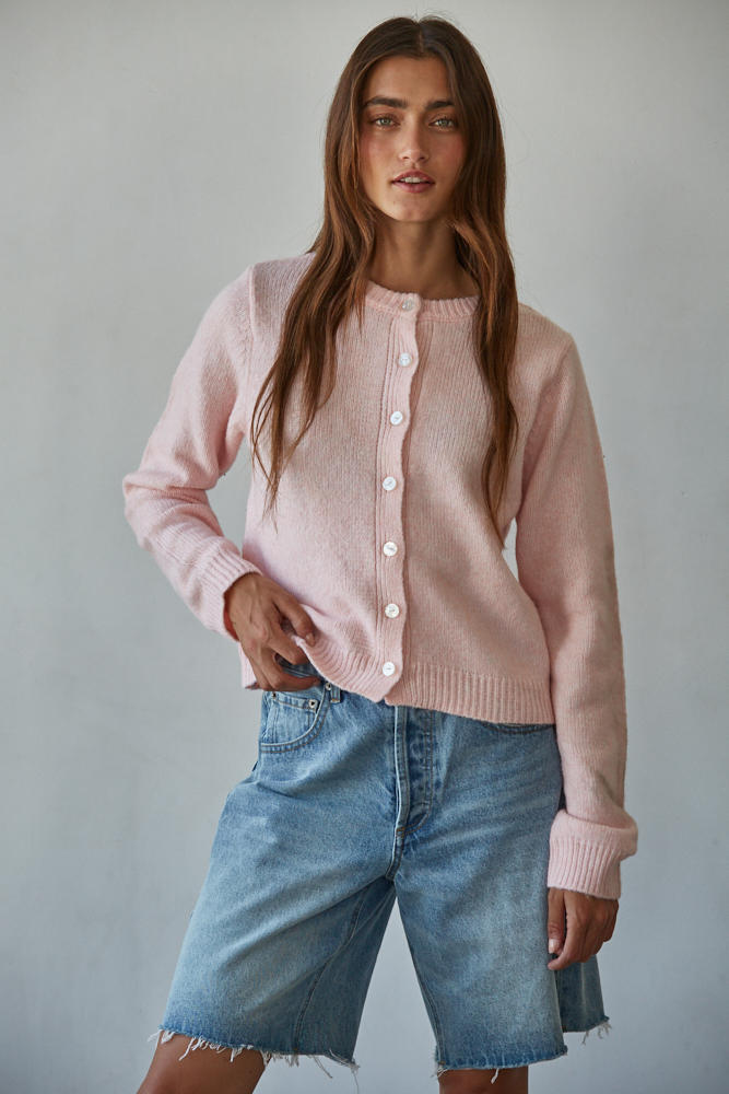 Baby Pink Crew Neck Cardigan