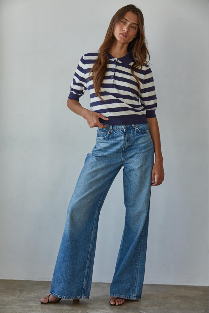 Navy Wide Stripe Polo Top