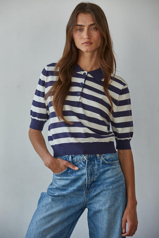 Navy Wide Stripe Polo Top