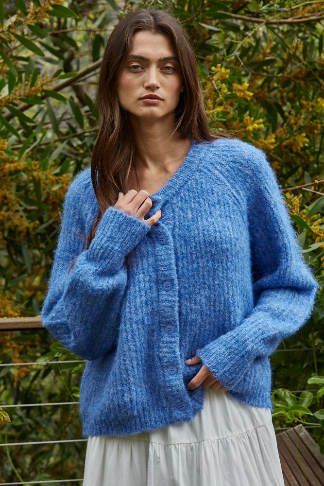Cobalt Blue Ribbed Raglan Cardigan Sweater