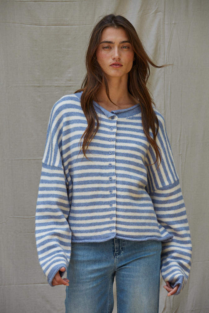 Striped Rolled Hem Drop Shoulder Knit Cardigan