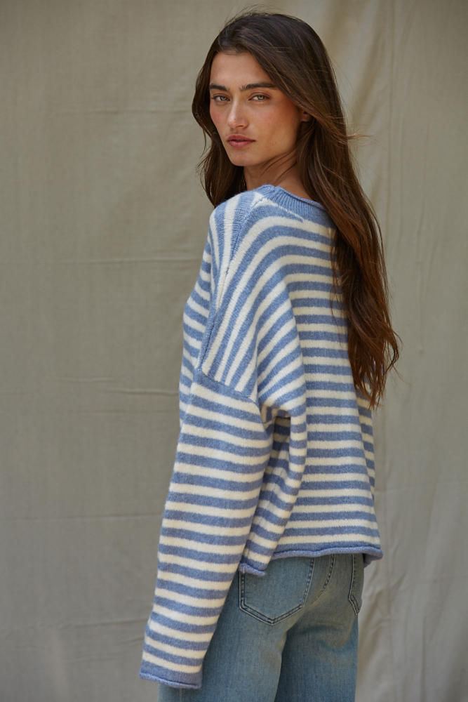Striped Rolled Hem Drop Shoulder Knit Cardigan