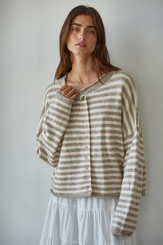 Striped Rolled Hem Drop Shoulder Knit Cardigan