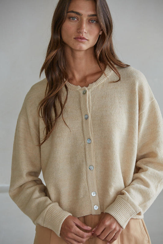 Natural Crew Neck Knit Button-Front Cardigan
