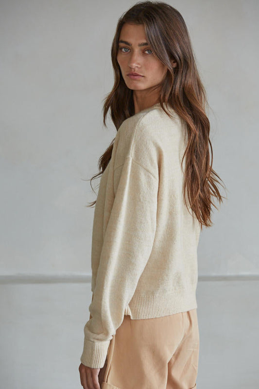 Natural Crew Neck Knit Button-Front Cardigan