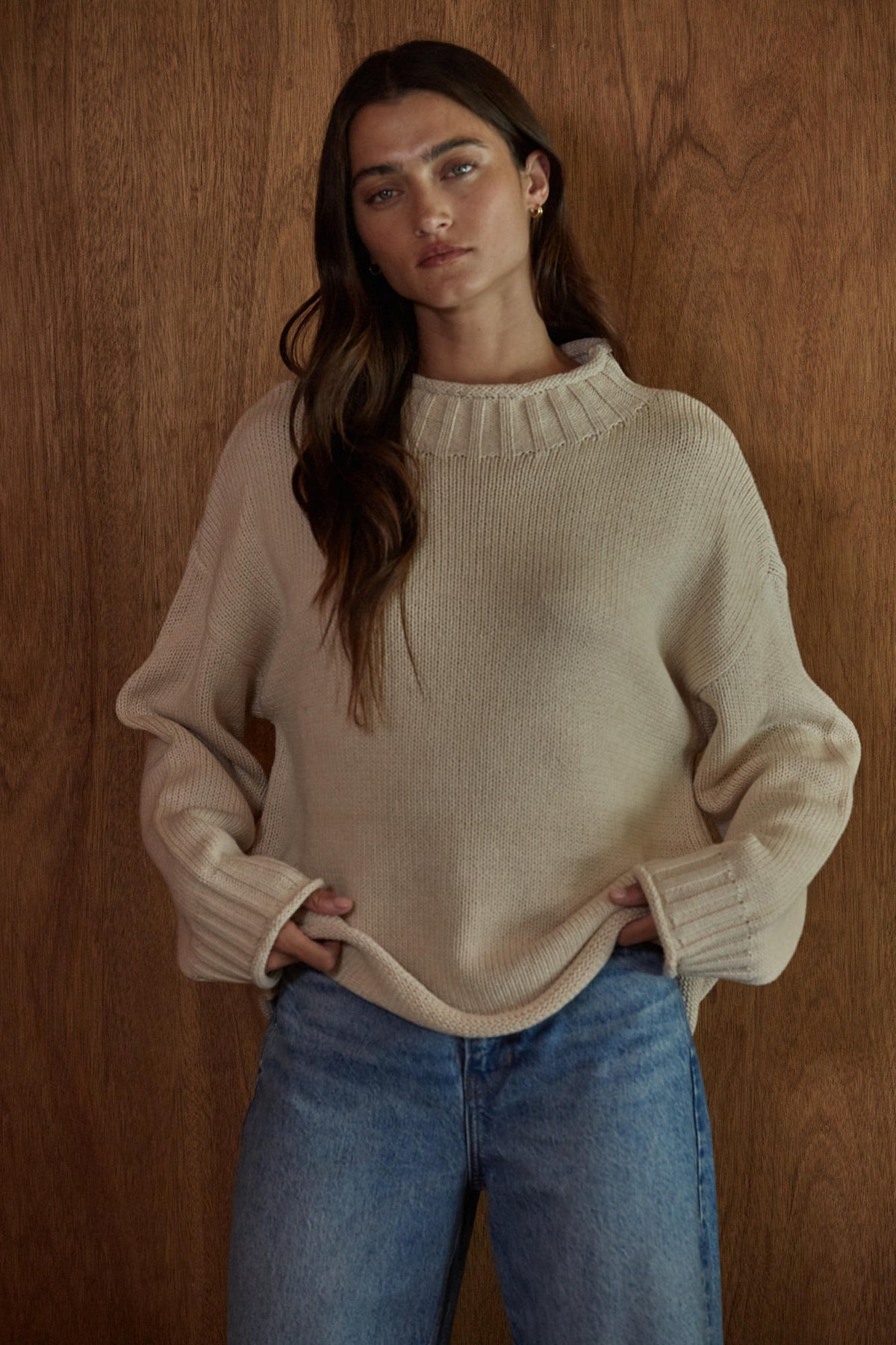 Cotton Rolled Mock Neck Sweater