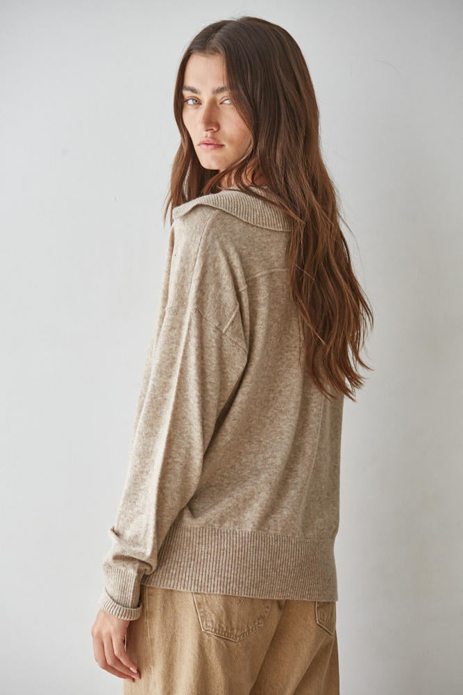 Beige Collared V-Neck Knit Pullover
