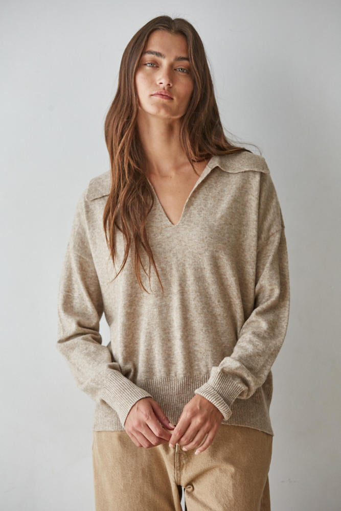 Beige Collared V-Neck Knit Pullover