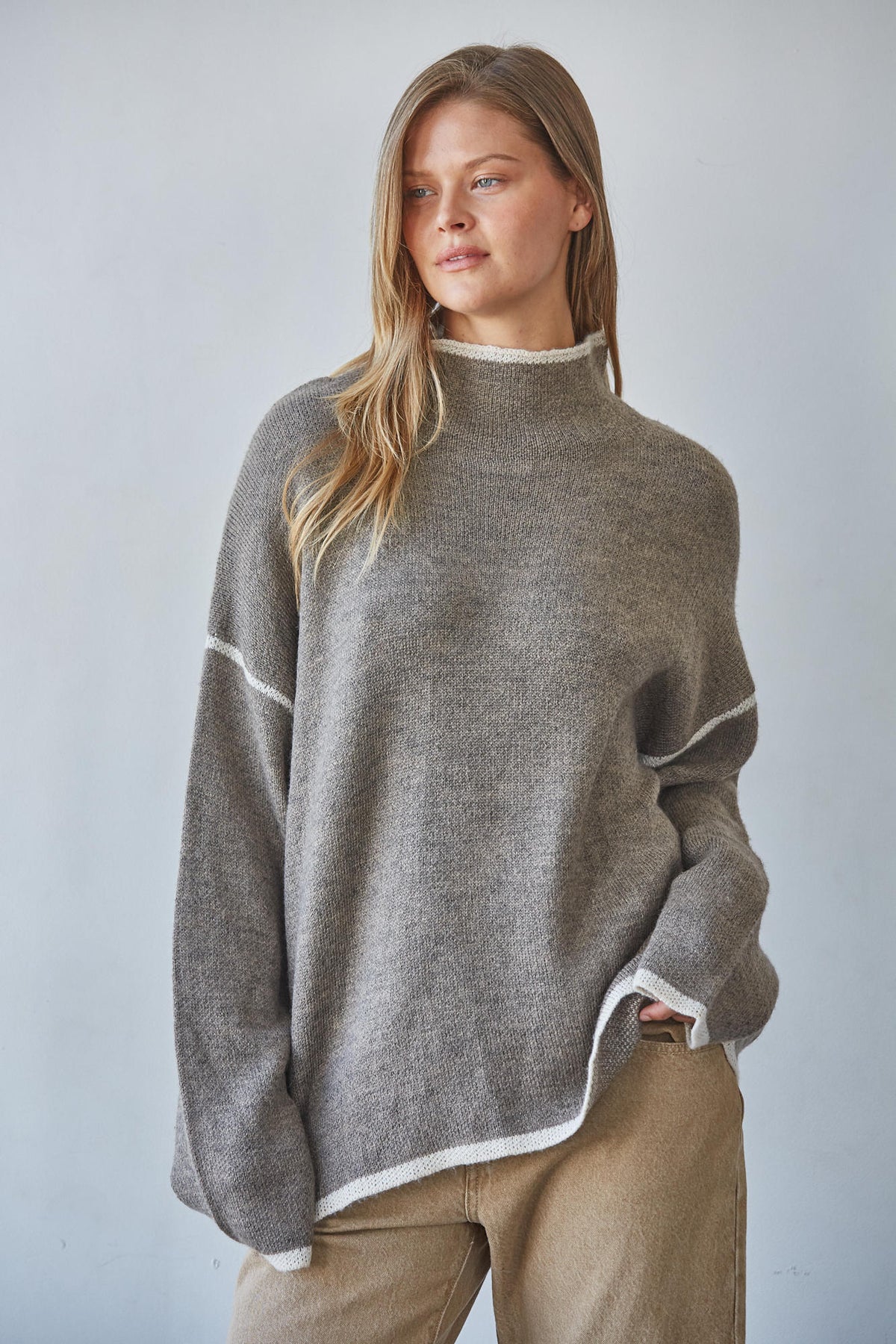 Mocha Ivory Contrast Trim Turtleneck Sweater