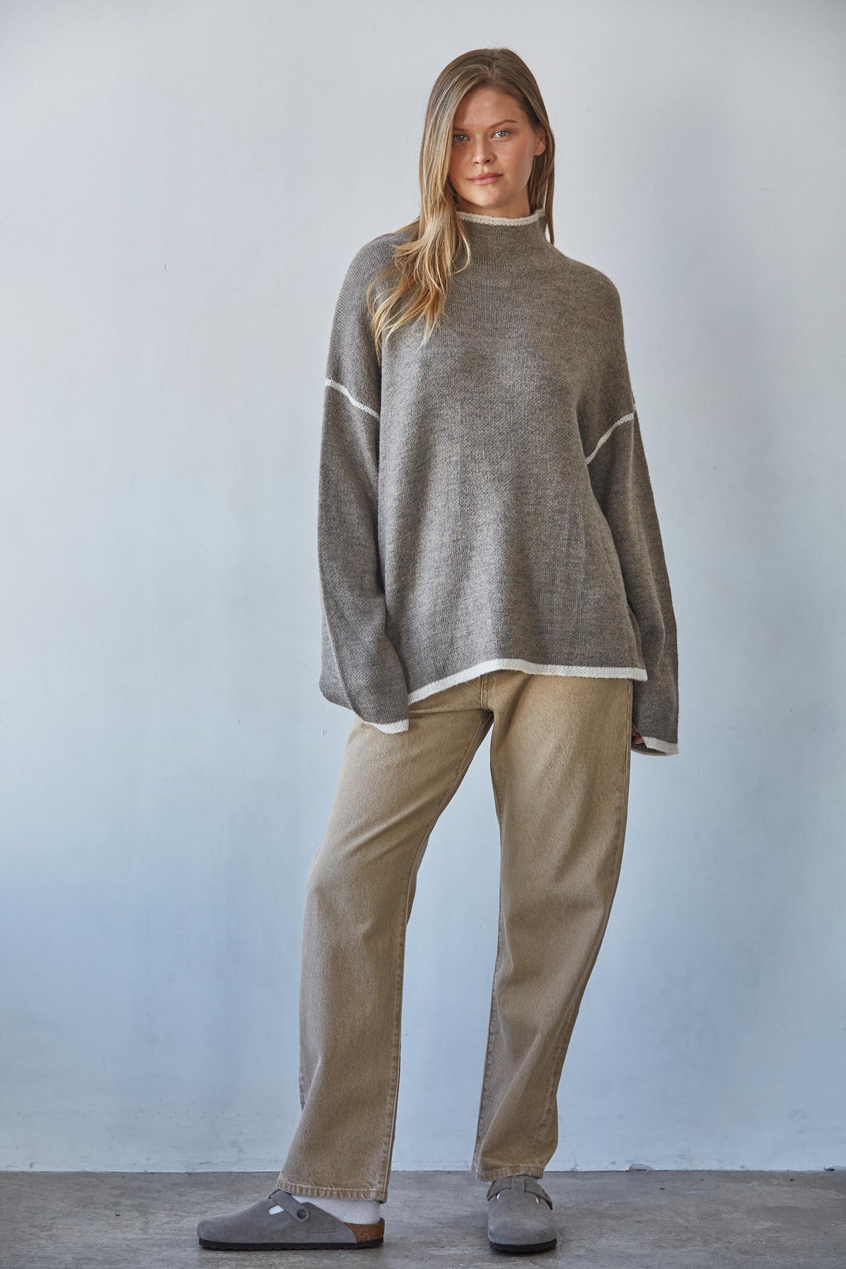 Mocha Ivory Contrast Trim Turtleneck Sweater