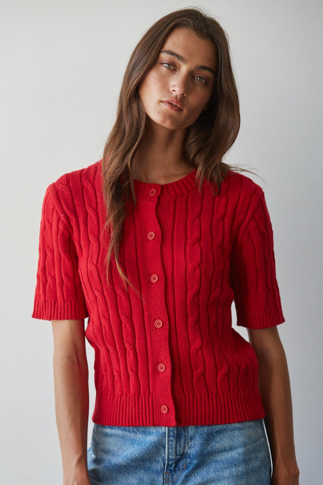 Red Cotton Cable Knit Short Sleeve Cardigan
