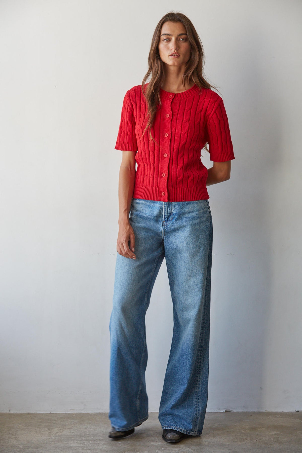 Red Cotton Cable Knit Short Sleeve Cardigan