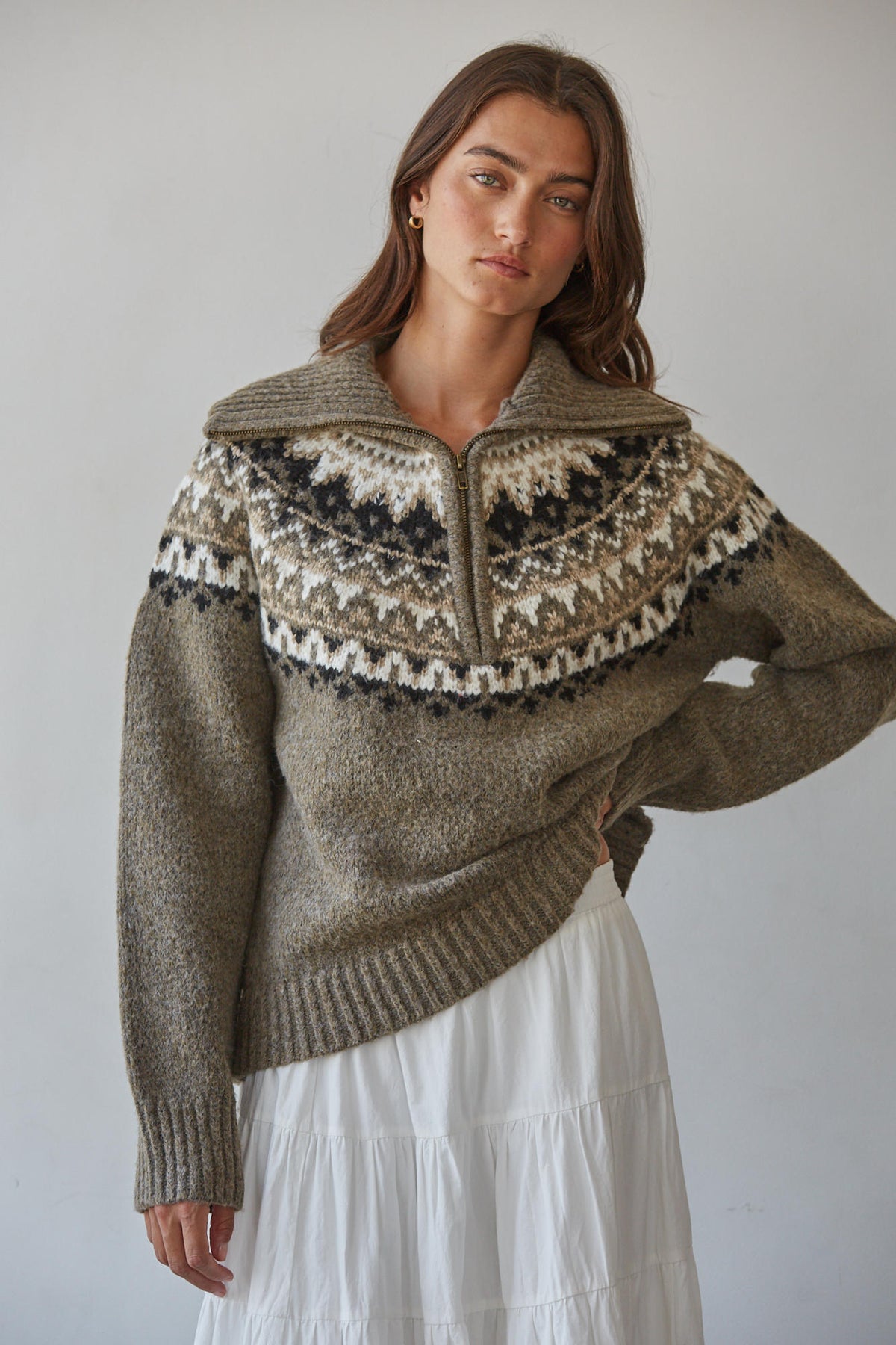Mocha Fair Isle Half-Zip Sweater
