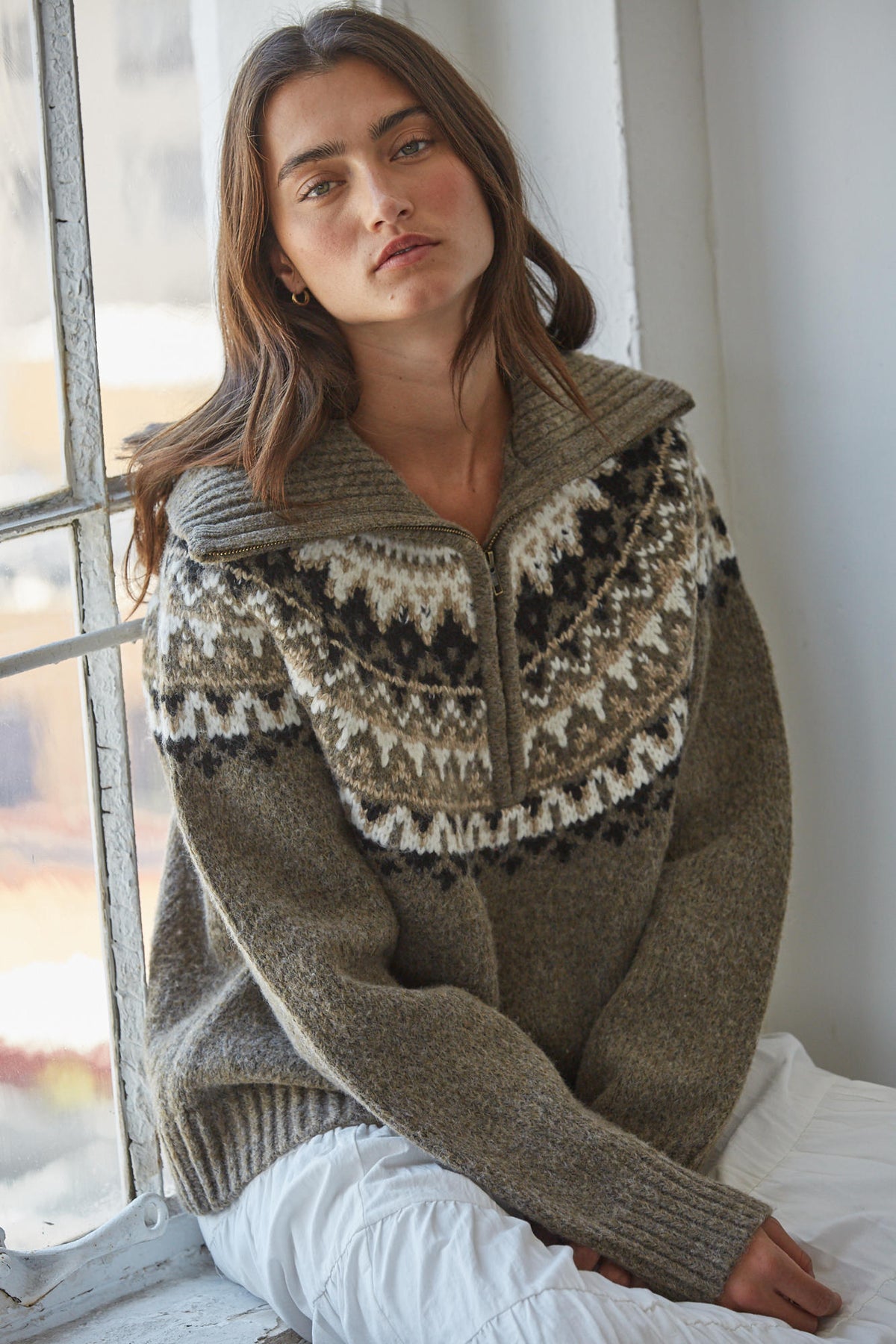 Mocha Fair Isle Half-Zip Sweater