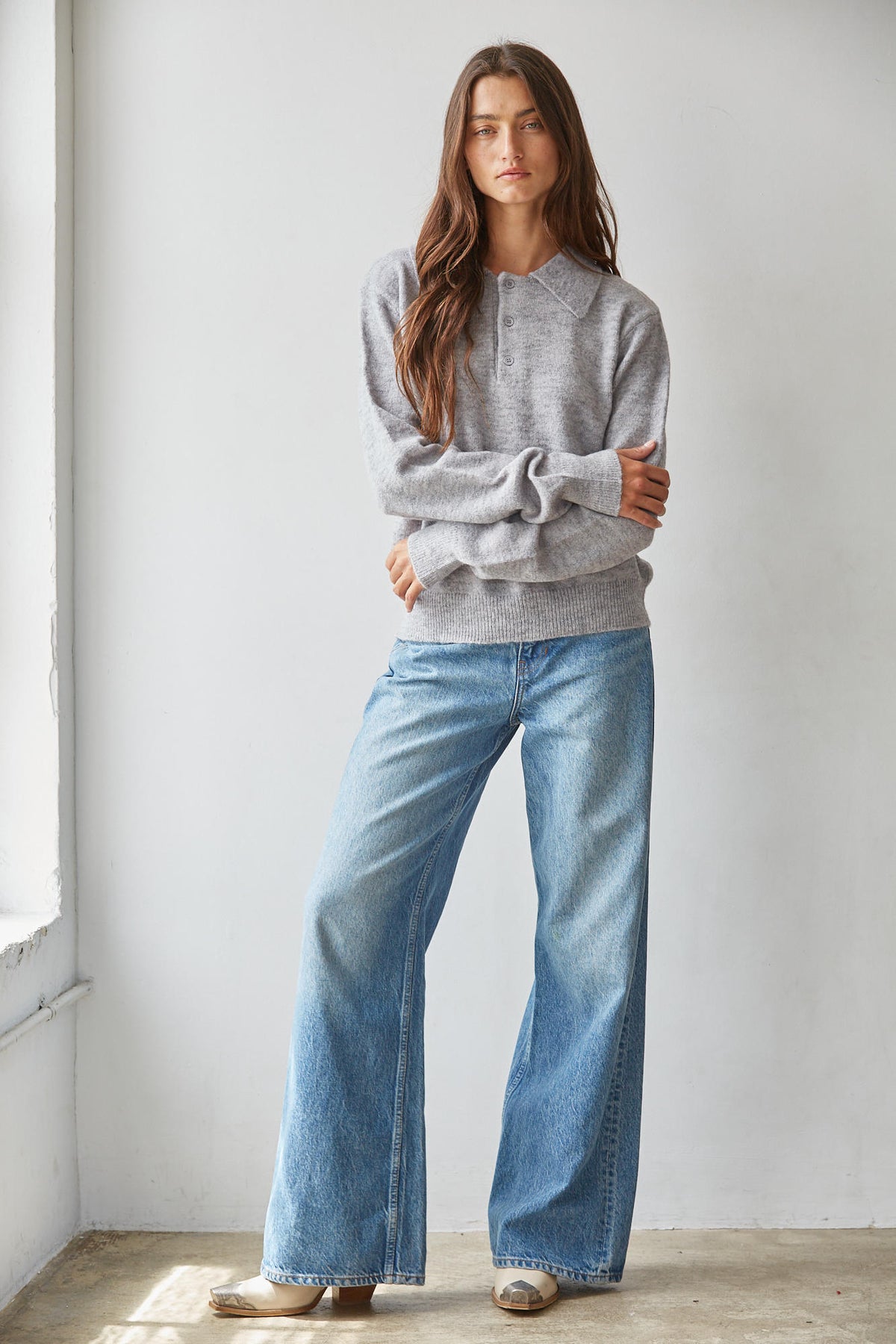 Gray Heathered Collared Knit Pullover