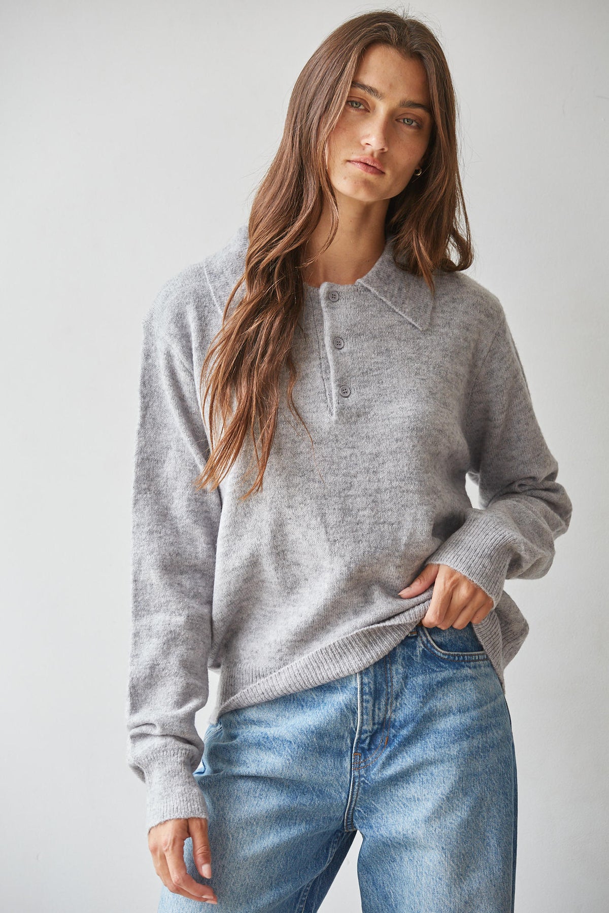 Gray Heathered Collared Knit Pullover