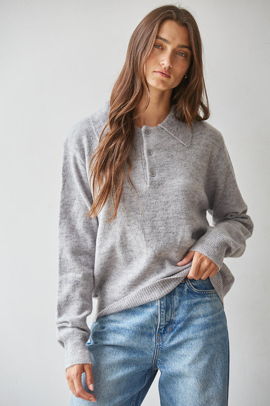 Gray Heathered Collared Knit Pullover