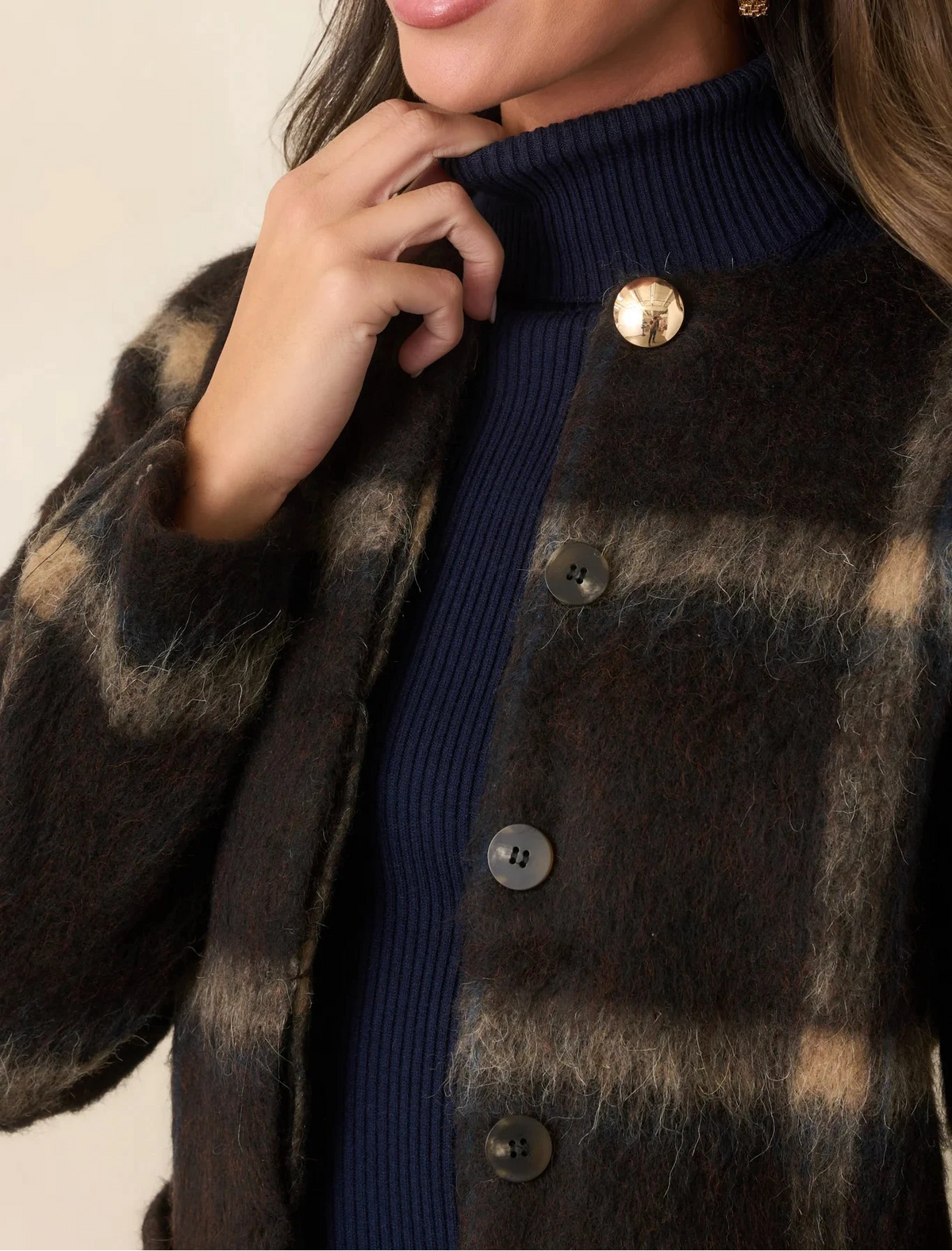 Brown Plaid Sculpted Waist Blazer