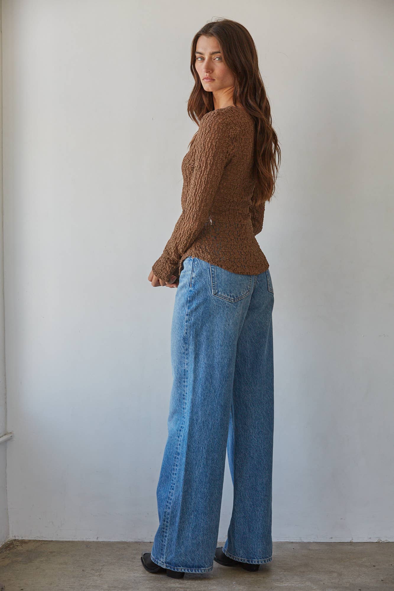 Brown Lace Button Front Blouse