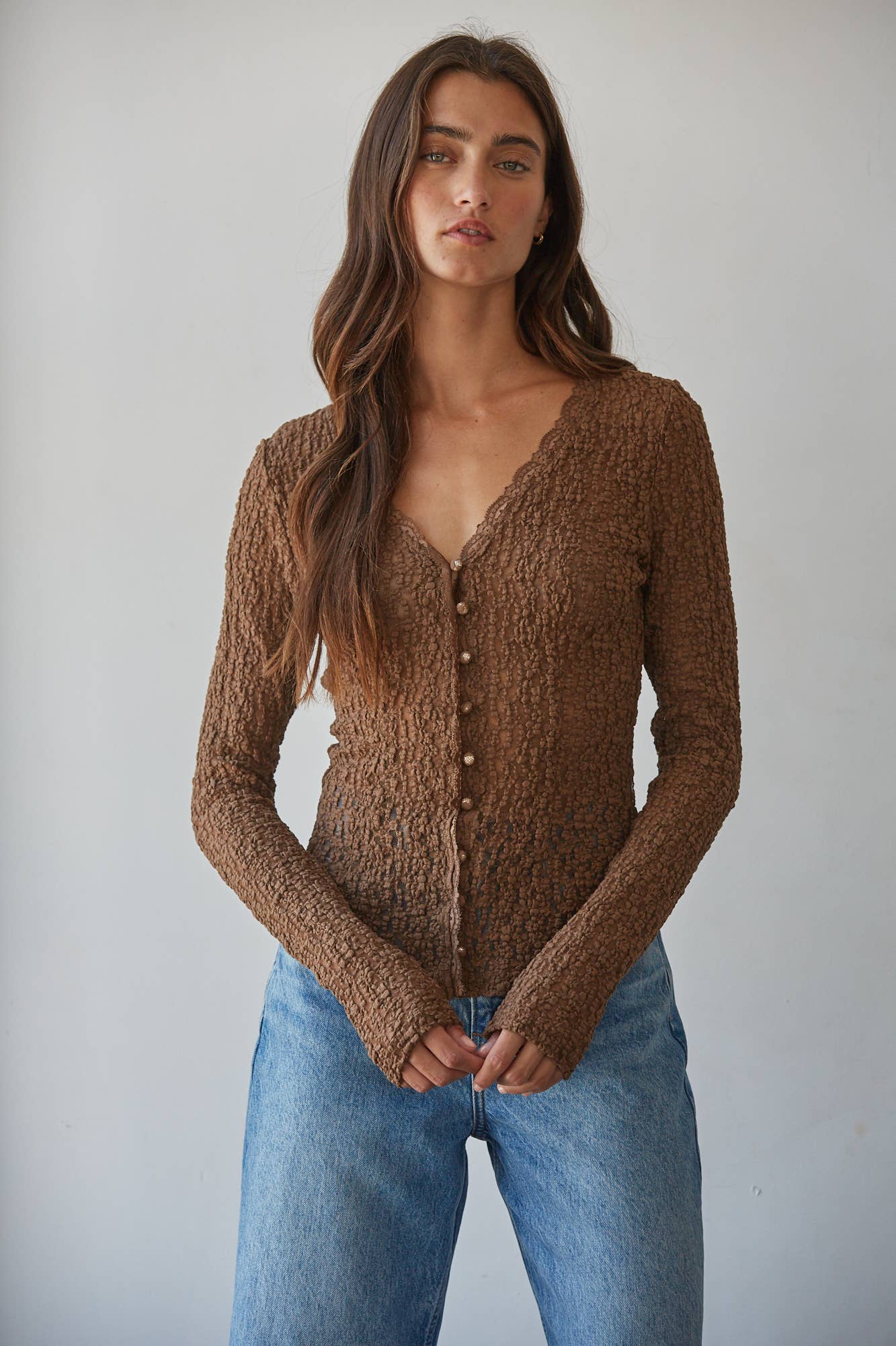 Brown Lace Button Front Blouse
