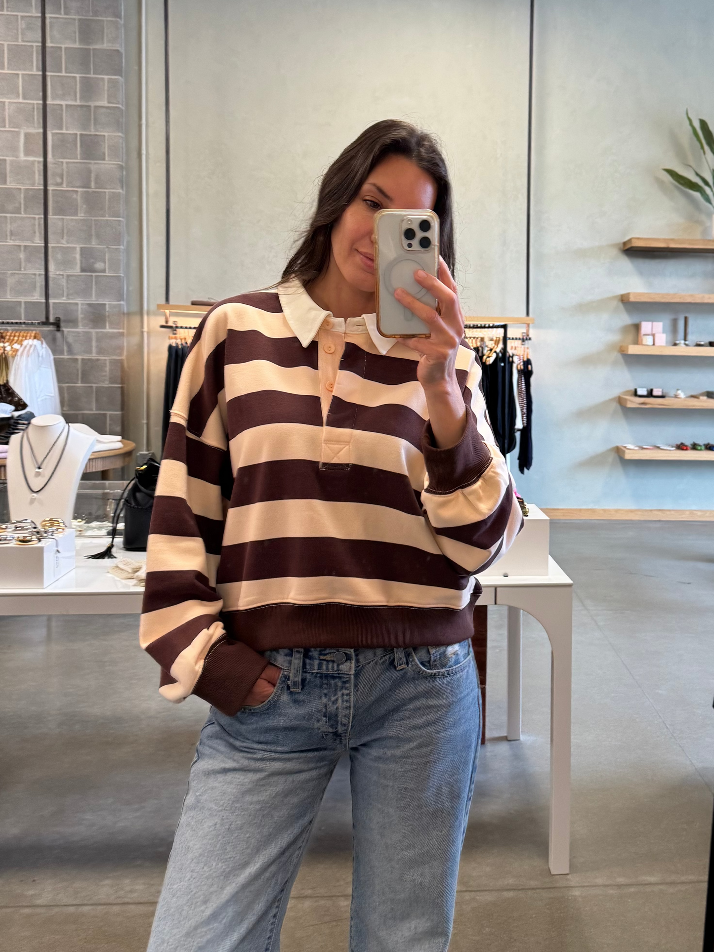 Striped French Terry Collared Pullover