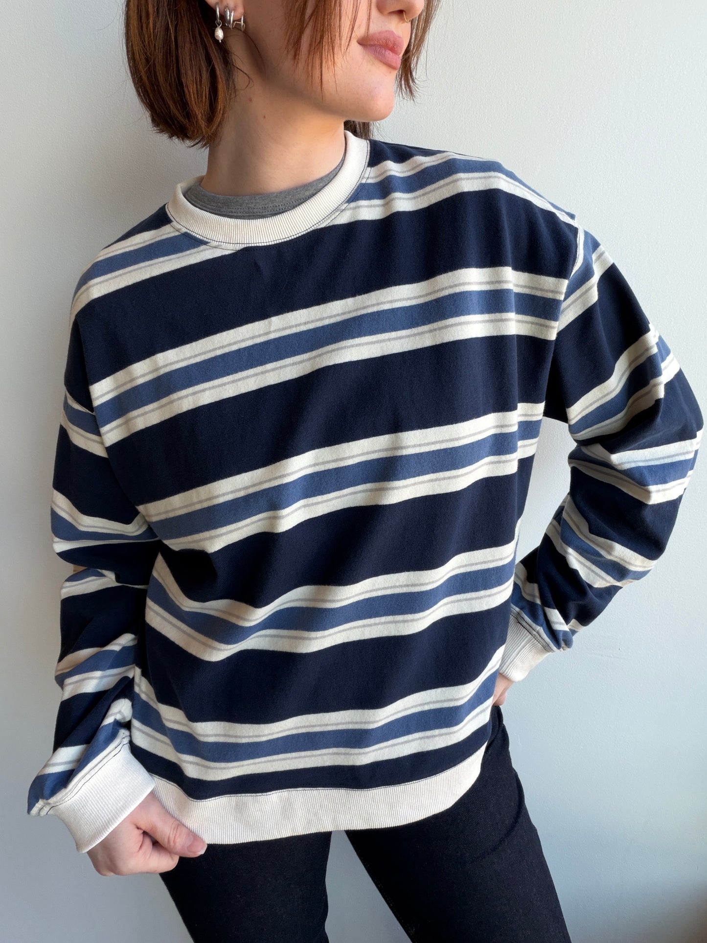Navy Blue Cotton Striped Long Sleeve Pullover Top