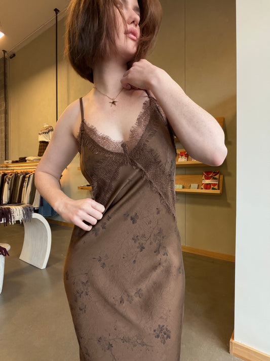 Brown Floral Print Lace Maxi Slip Dress