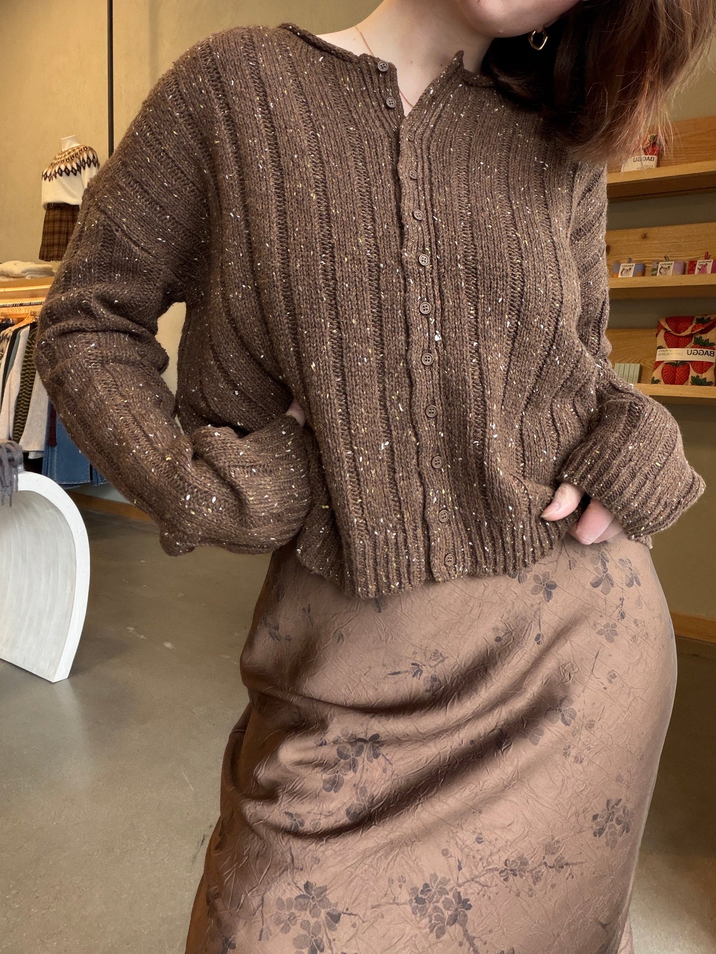 Brown Speckled Chunky Ribbed Cardigan