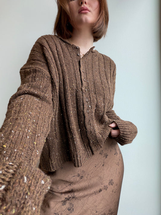Brown Speckled Chunky Ribbed Cardigan