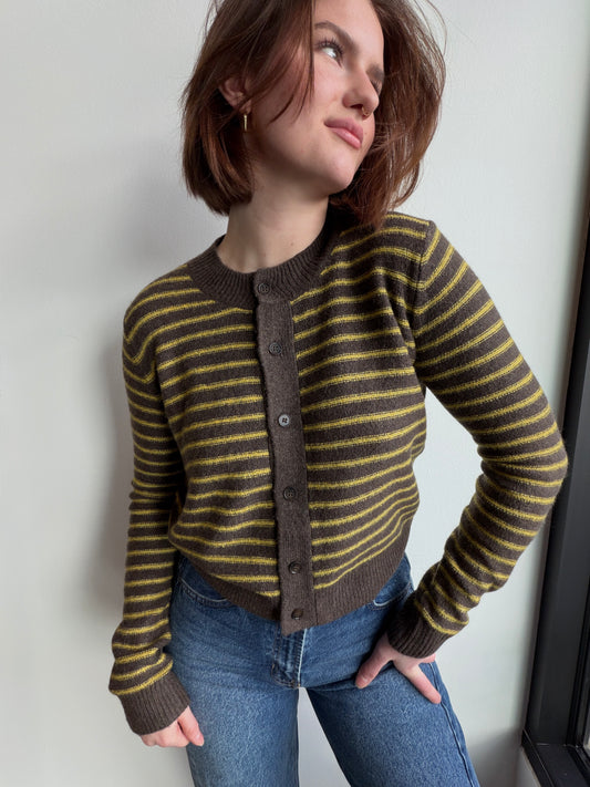 Chestnut Brown Striped Crewneck Cardigan