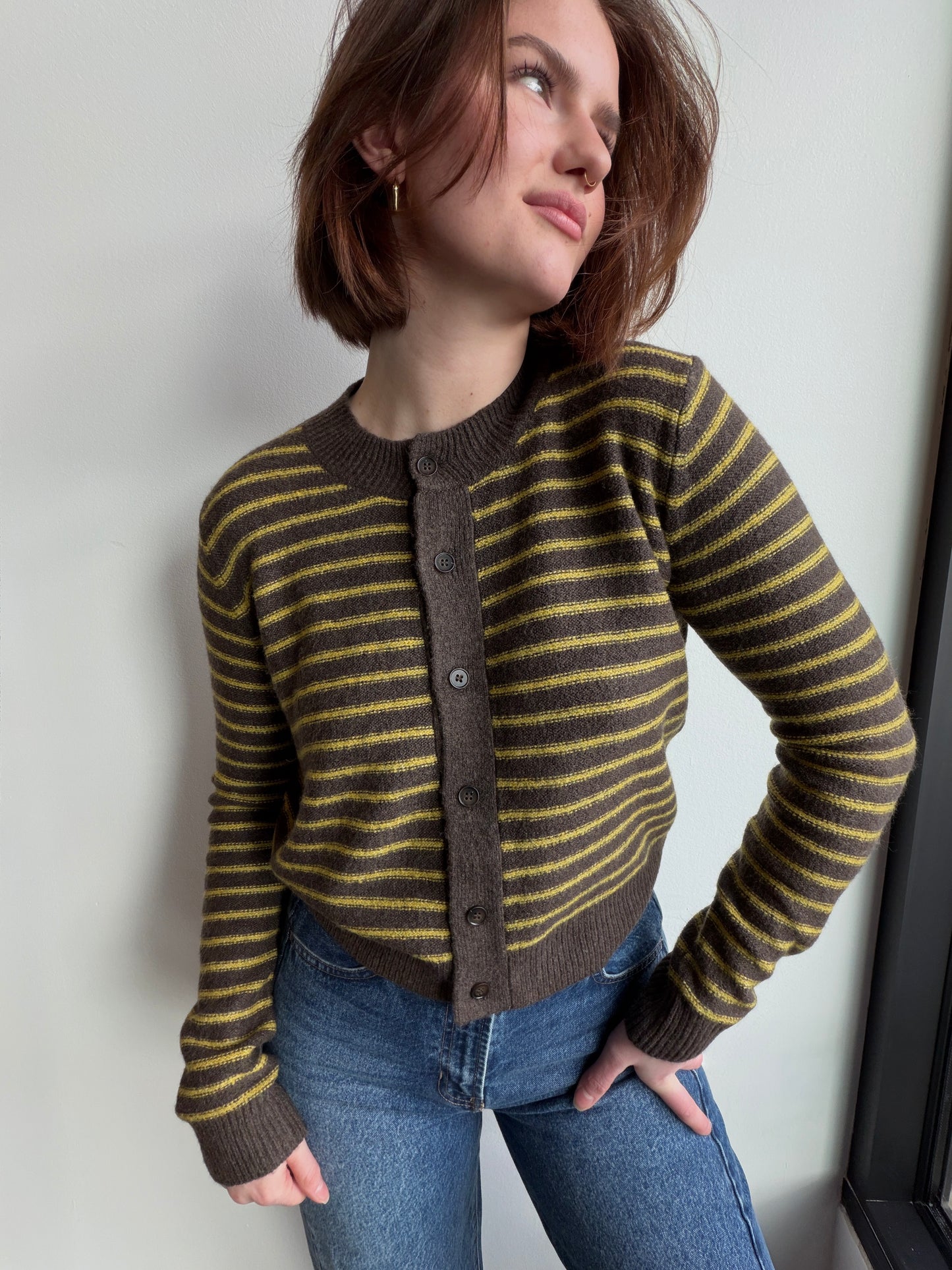 Chestnut Brown Striped Crewneck Cardigan