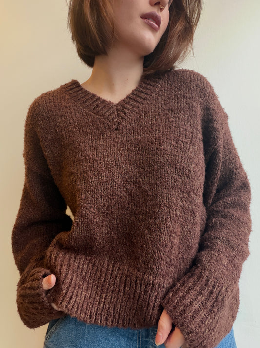 Brown Boucle Knit V-Neck Sweater