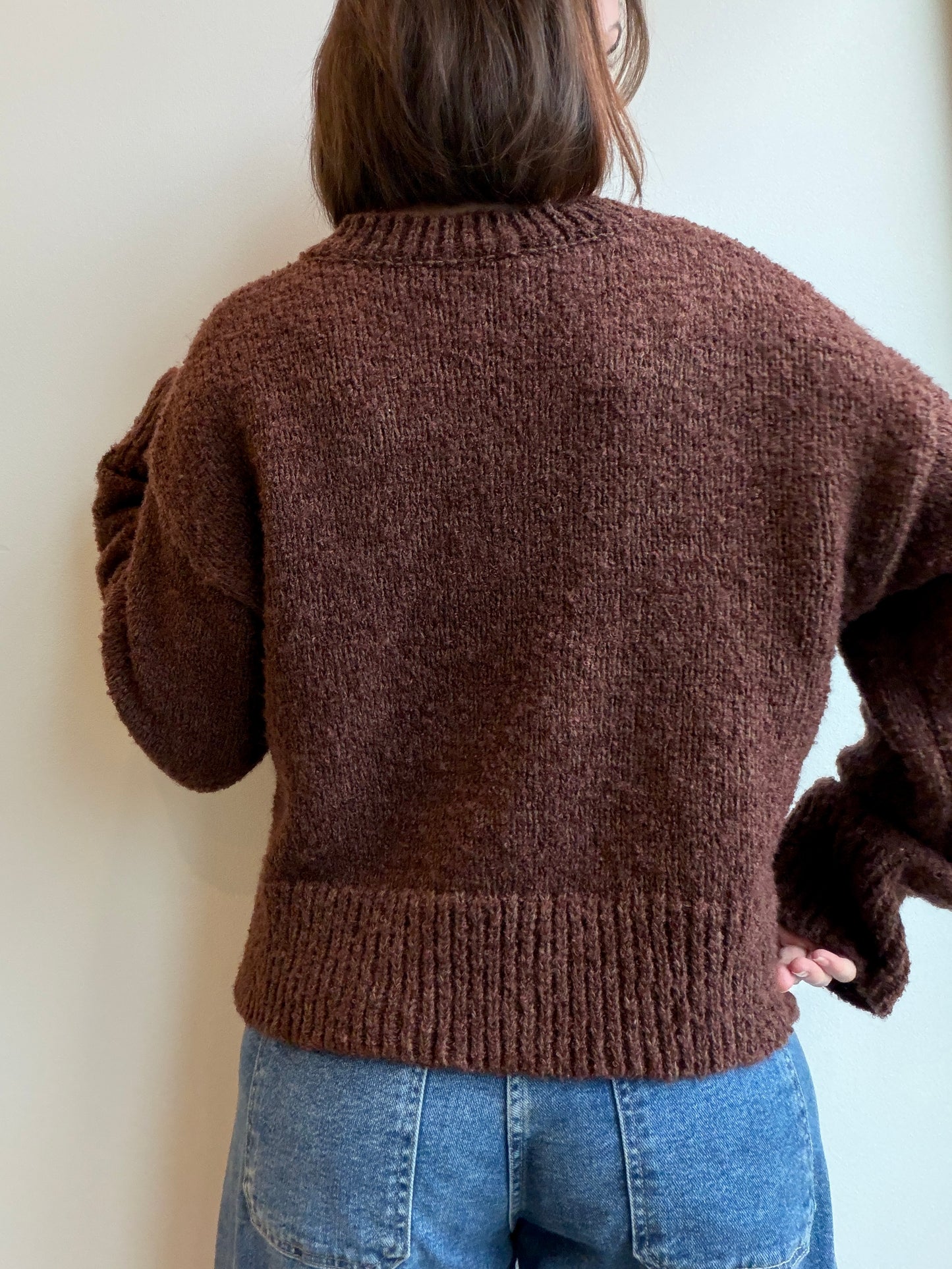 Brown Boucle Knit V-Neck Sweater