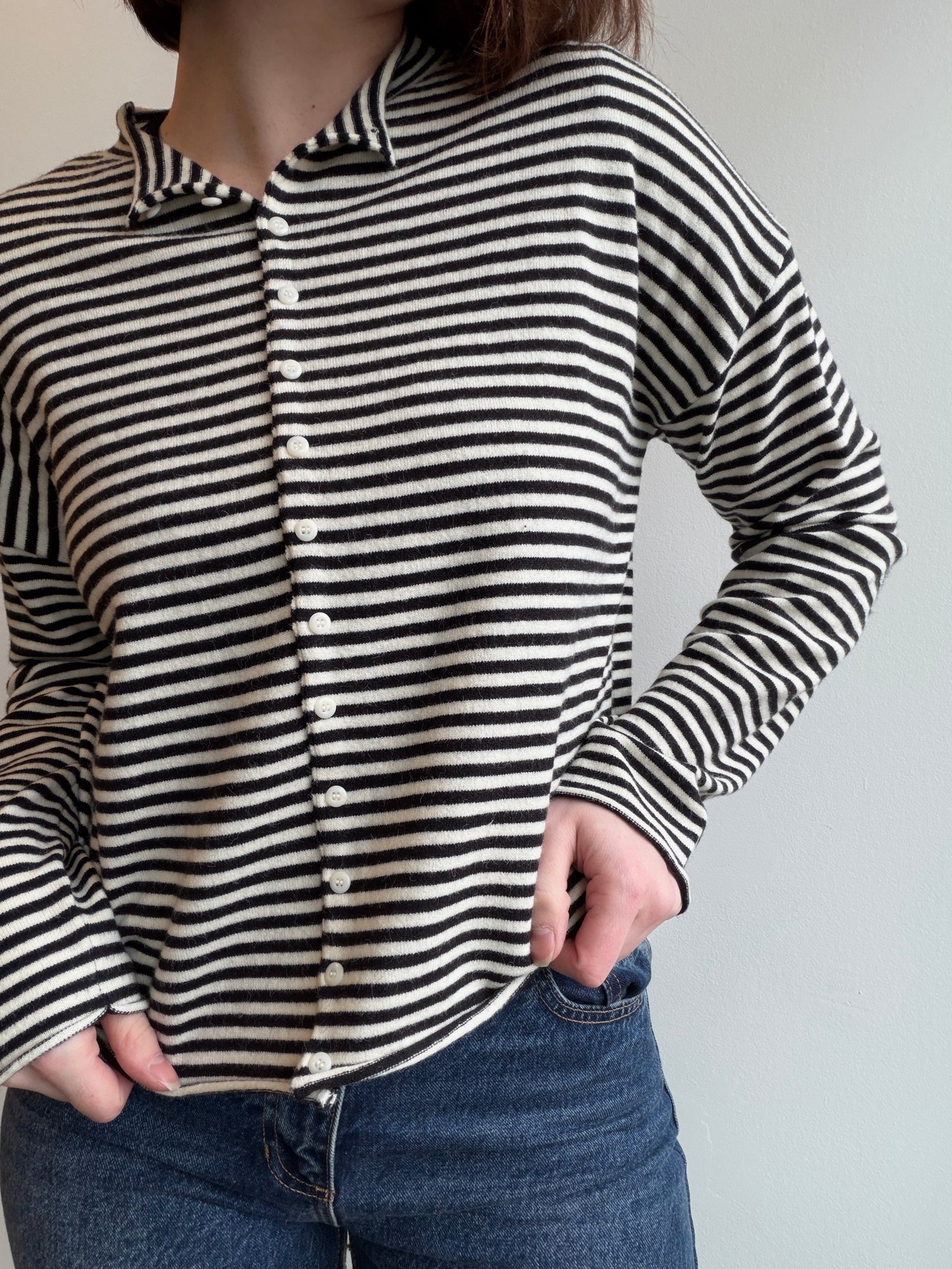 Rolled Edge Striped Button-Down Cardigan