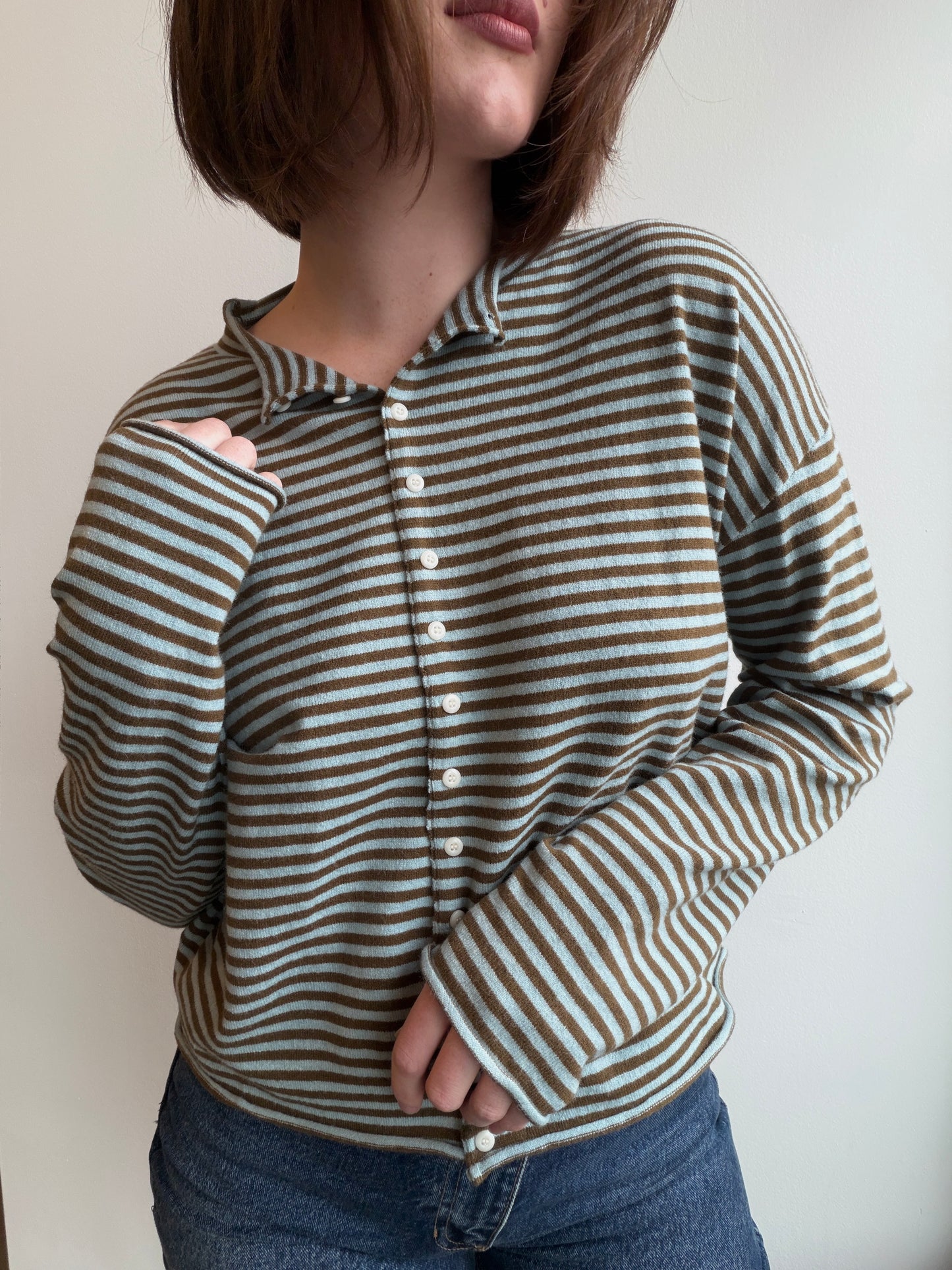 Rolled Edge Striped Button-Down Cardigan