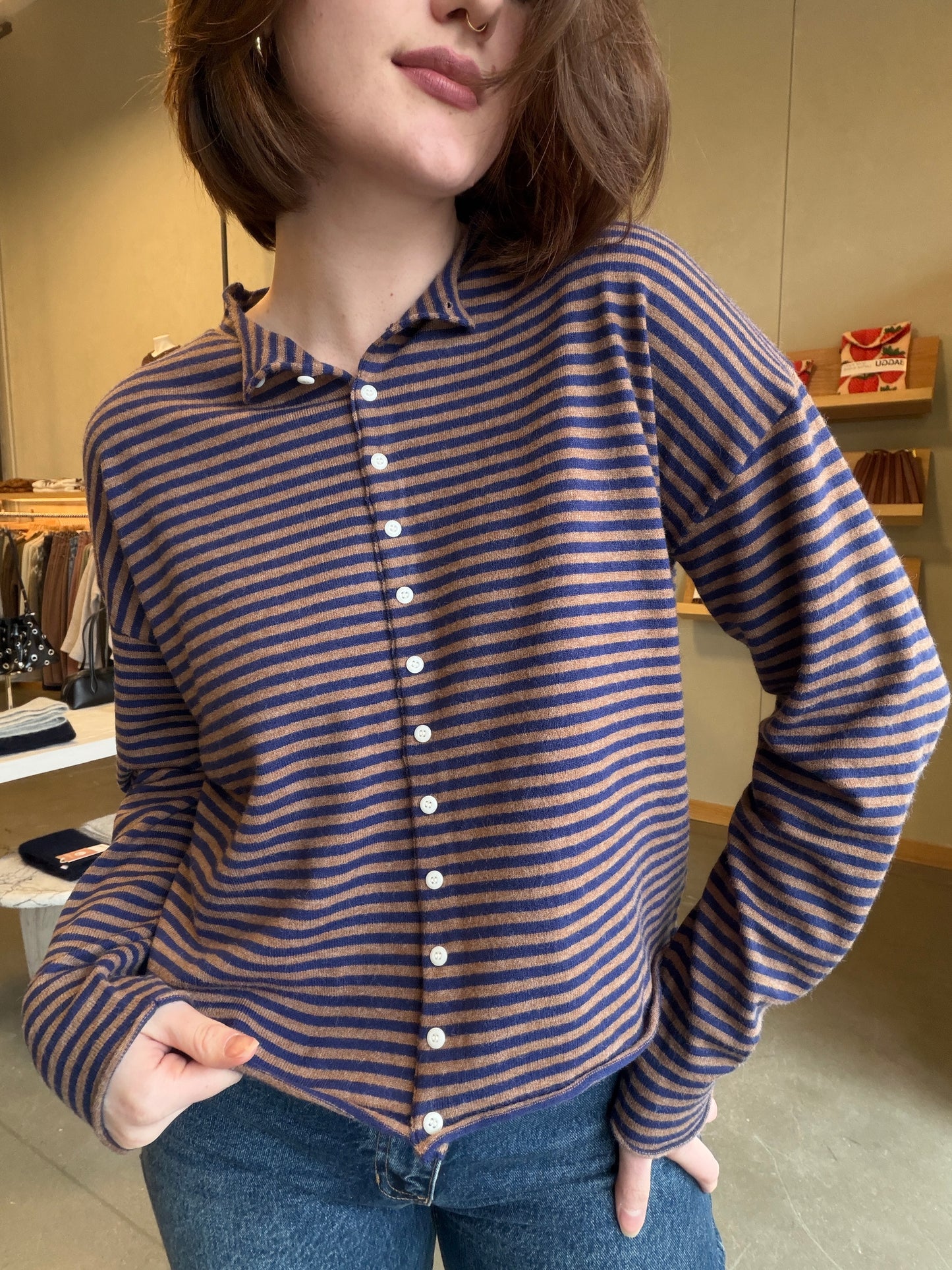 Rolled Edge Striped Button-Down Cardigan