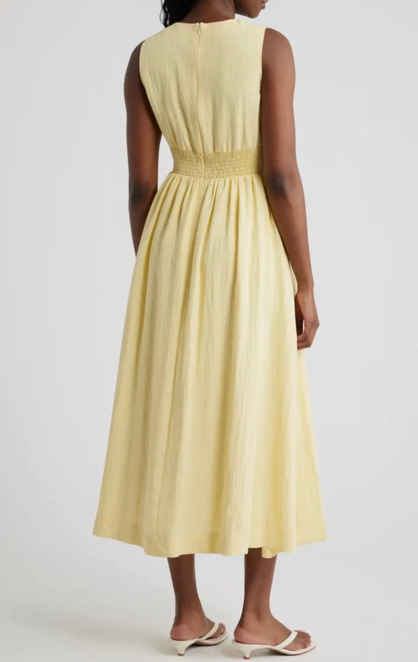 Yellow Keyhole Pin Tuck Waist Midi Dress