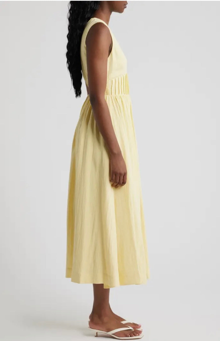 Yellow Keyhole Pin Tuck Waist Midi Dress