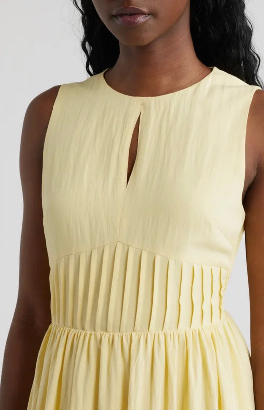 Yellow Keyhole Pin Tuck Waist Midi Dress