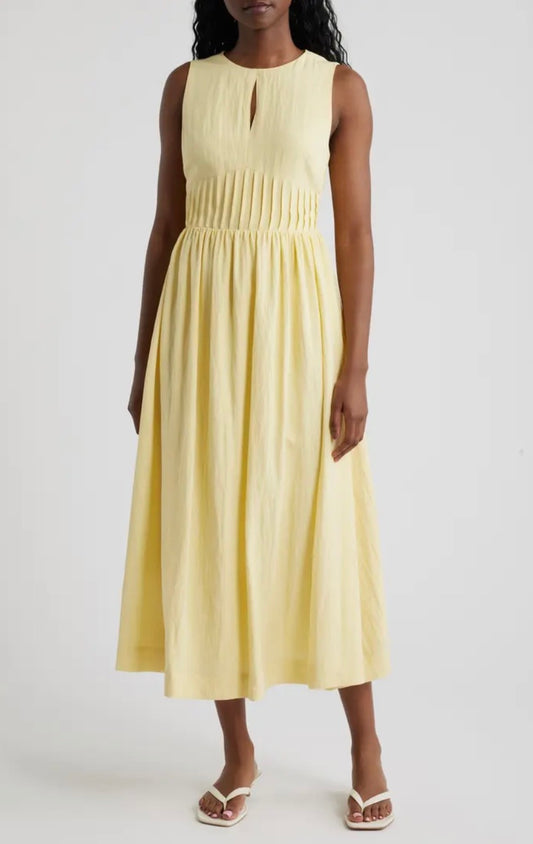 Yellow Keyhole Pin Tuck Waist Midi Dress