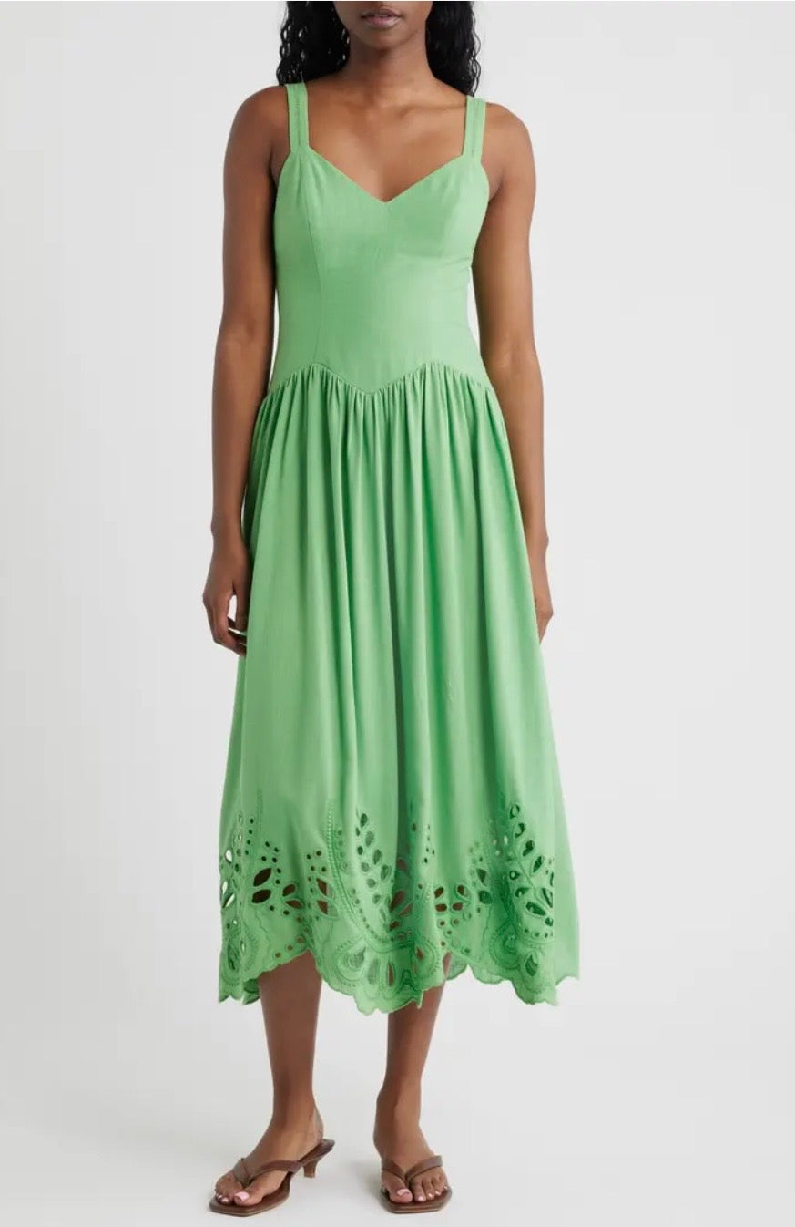 Green Eyelet Drop Waist Cotton Linen Midi Dress