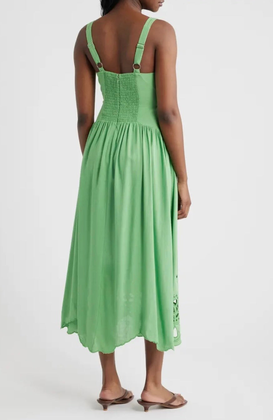 Green Eyelet Drop Waist Cotton Linen Midi Dress