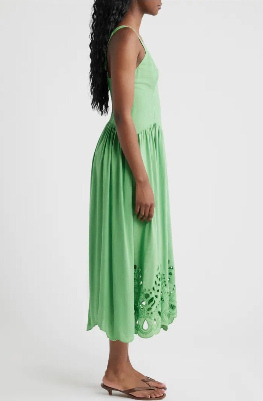 Green Eyelet Drop Waist Cotton Linen Midi Dress