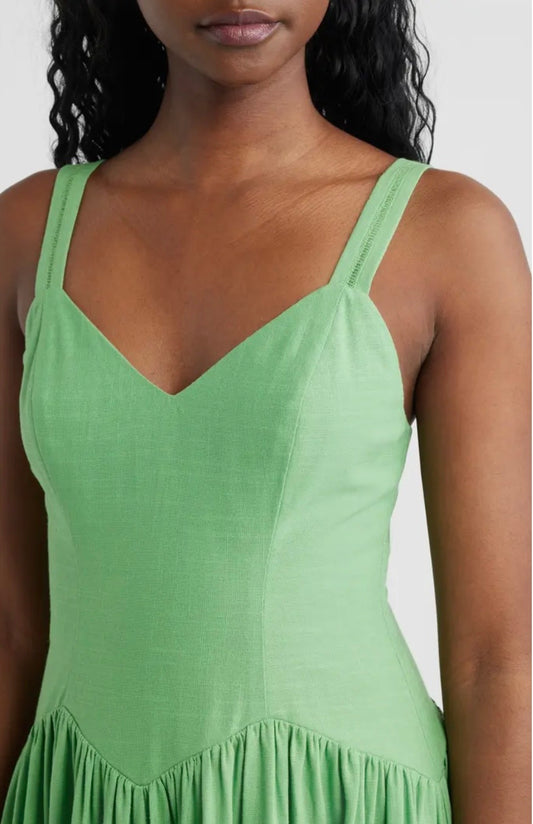 Green Eyelet Drop Waist Cotton Linen Midi Dress