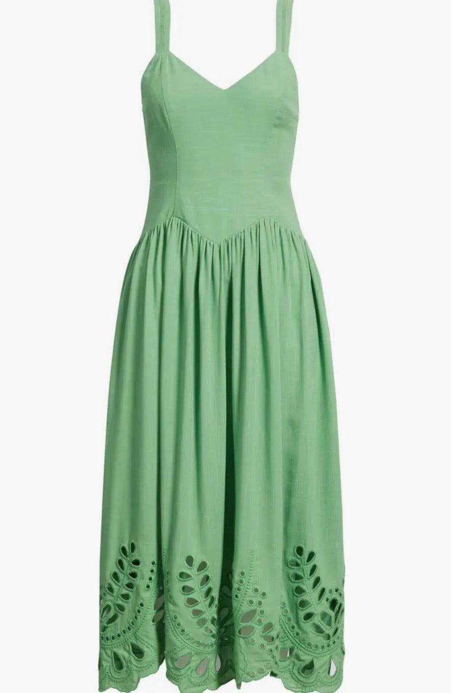 Green Eyelet Drop Waist Cotton Linen Midi Dress