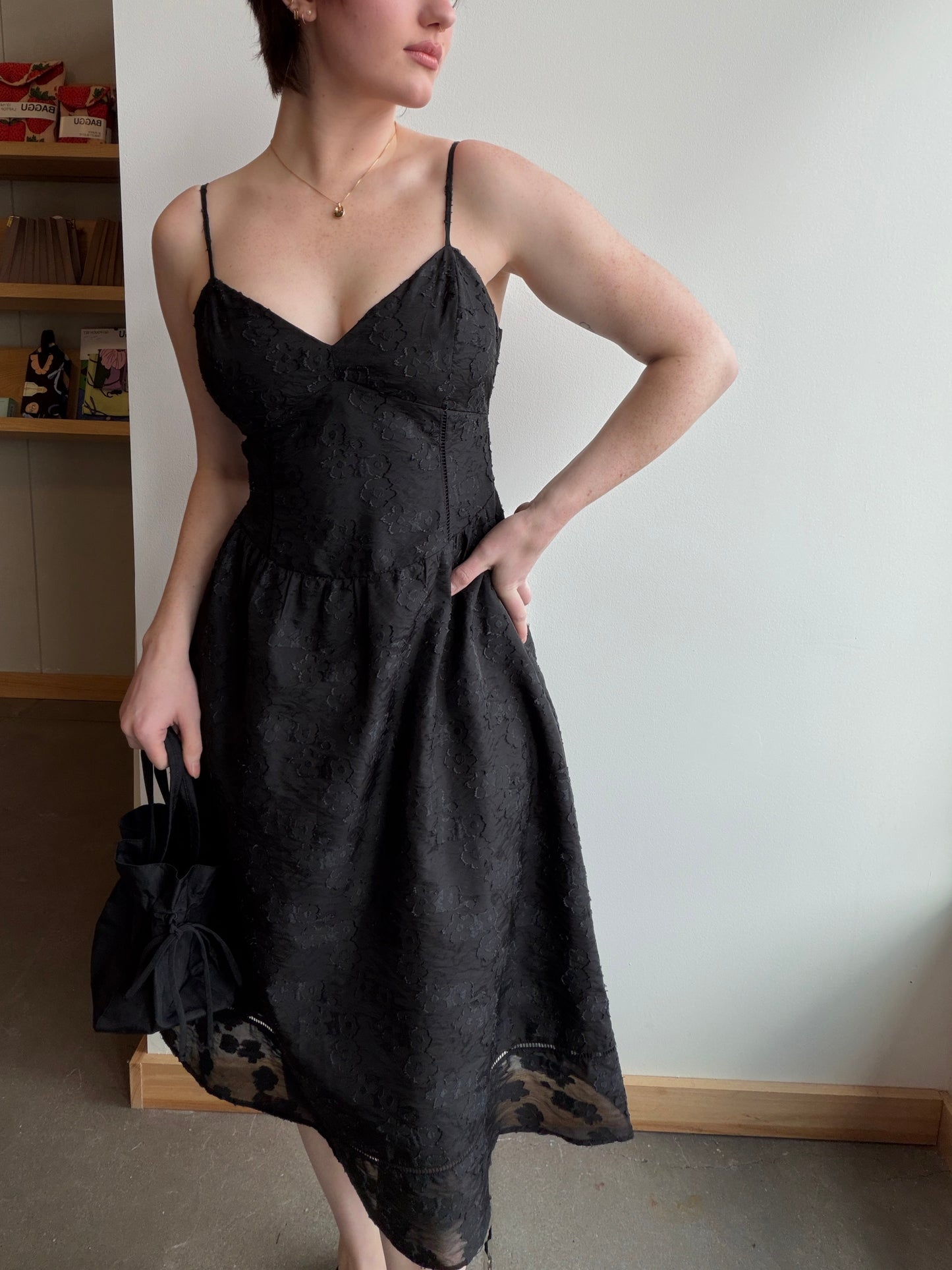 Black Floral Jacquard Organza Midi Dress