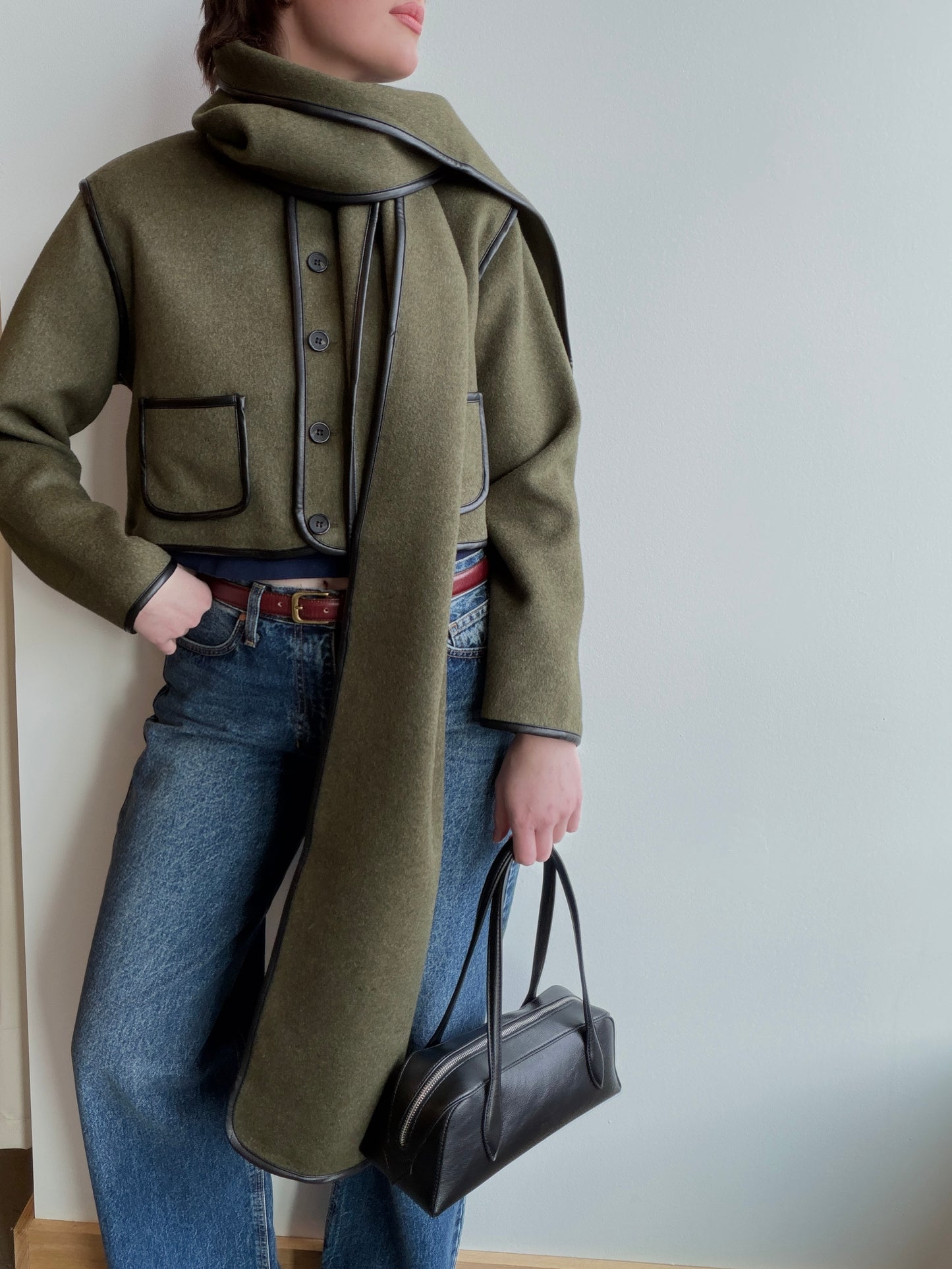 Olive Leather Trim Cropped Jacket + Matching Scarf